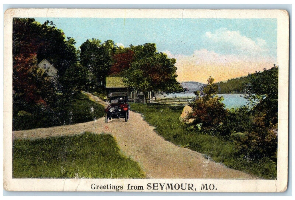 c1920 Greetings From Classic Car River Lake Exterior Seymour Missouri Postcard