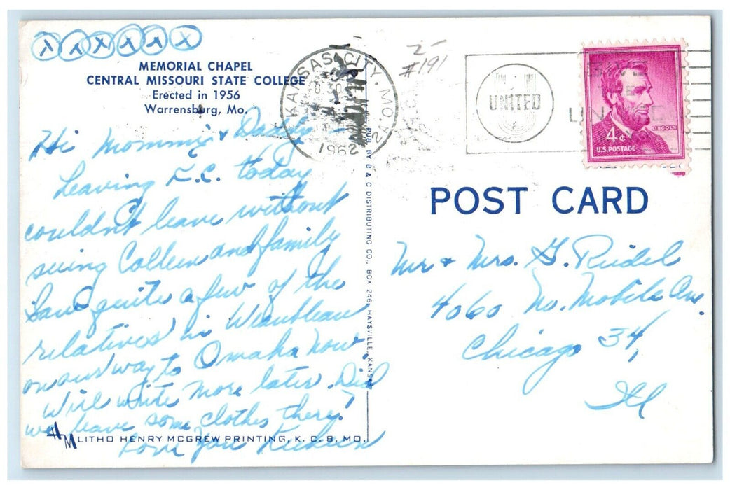 1962 Memorial Chapel Central State College Warrensburg Missouri Vintage Postcard