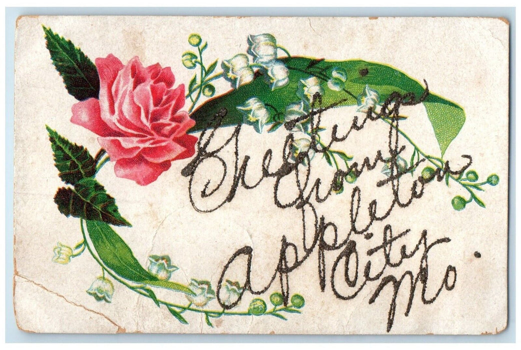 c1910 Greetings From Glitter Embossed Appleton City Missouri MO Vintage Postcard