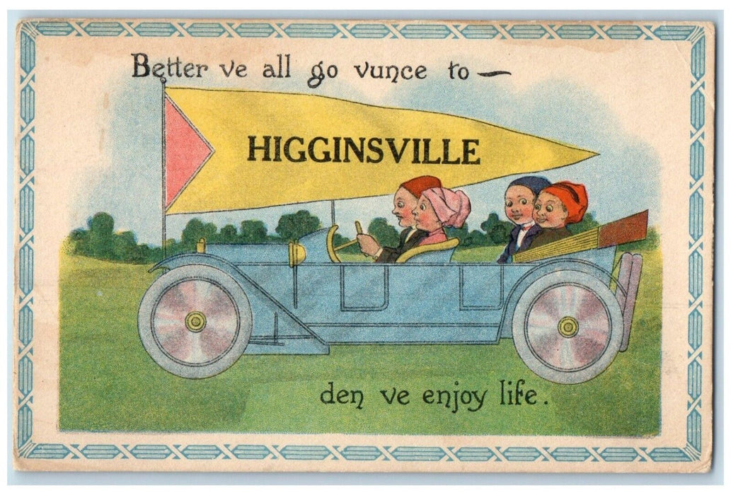 1914 Better Ve All Go Vunce Higinsville Missouri Pennant Dutch Kids MO Postcard