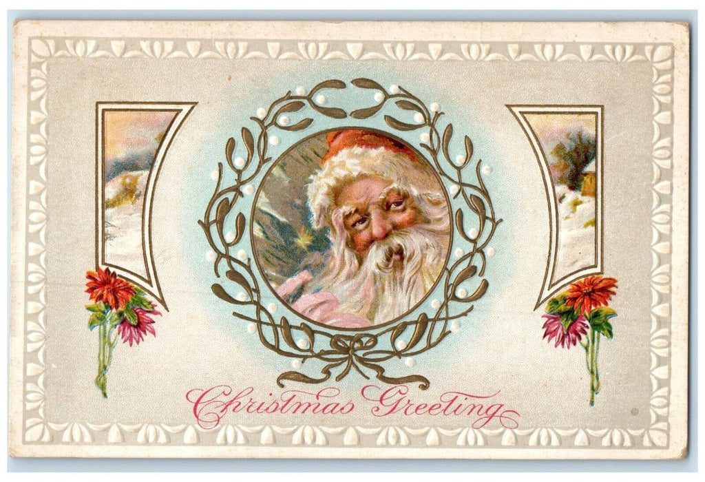 c1910's Christmas Greetings Santa Claus Mistletoe Poinsettia Embossed Postcard