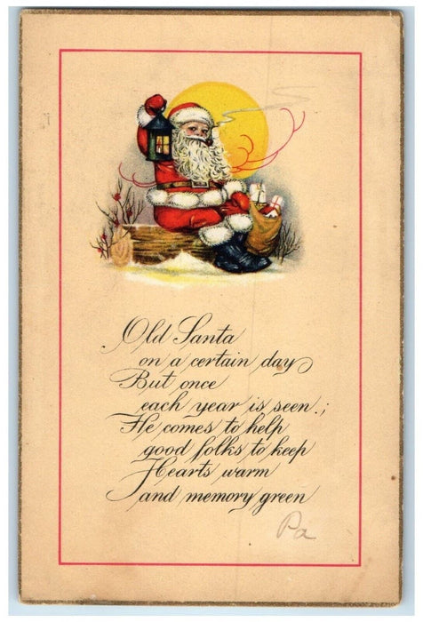 c1910's Christmas Santa Claus Sack Of Toys Smoking Pipe Lantern Antique Postcard