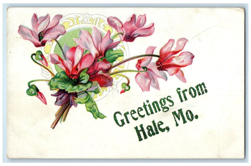 1909 Greetings From Embossed Flowers Hale Missouri MO Vintage Antique Postcard