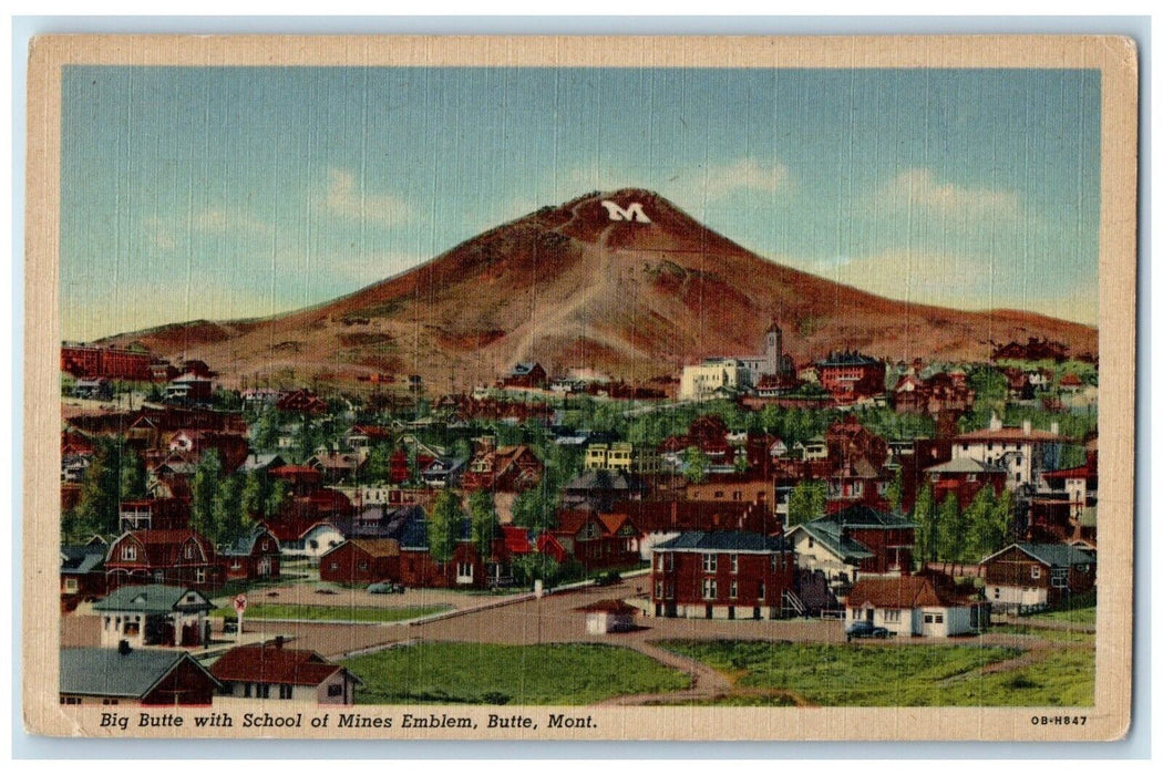c1940 Big Butte School Mines Emblem Exterior Mountain Butte Montana MT Postcard