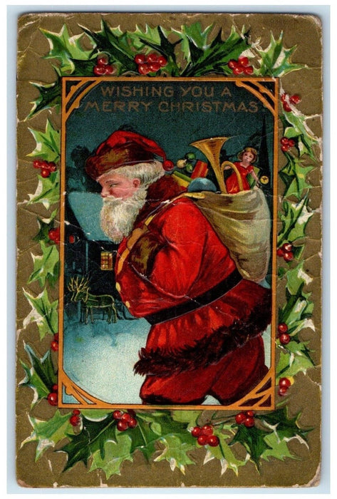 c1910's Christmas Santa Claus Sack Of Toys House Winter Embossed Posted Postcard