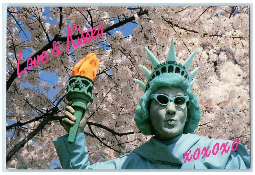 1986 Statue Liberty Funky Humor Costume Love & Kisses Cherry Blossoms Postcard
