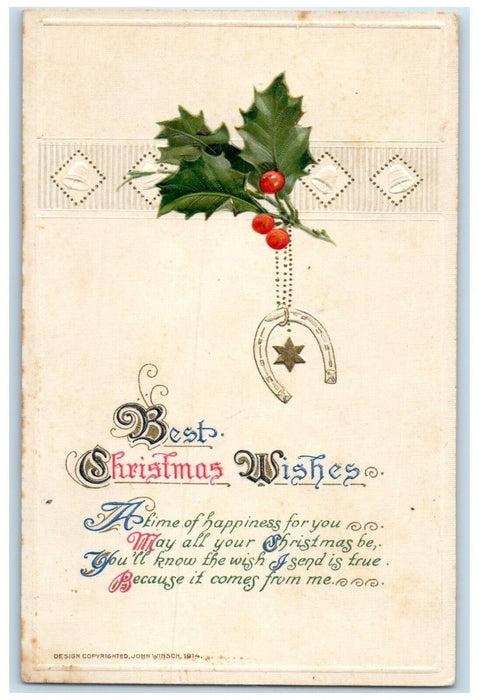 1914 Christmas Berries Horseshoe Embossed John Winsch Artist Signed Postcard