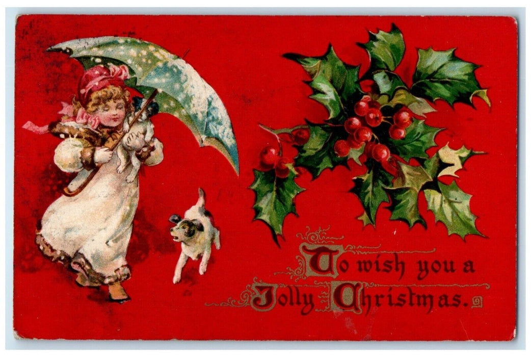 1908 Christmas Pretty Girl Dog Holly Berries Augusta Maine ME Antique Postcard