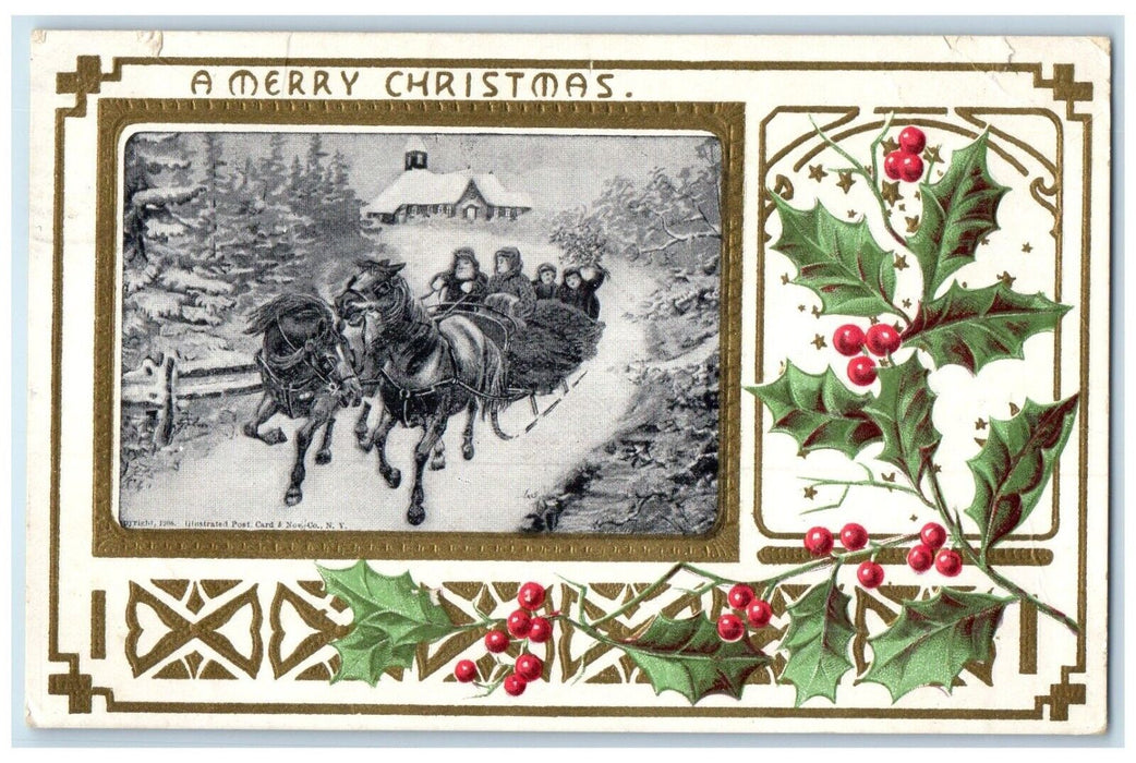 1908 Christmas Horse Sleigh Holly Berries Embossed Lunenburg Co. NS Postcard