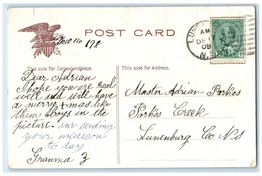 1908 Christmas Horse Sleigh Holly Berries Embossed Lunenburg Co. NS Postcard