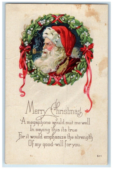 c1910's Christmas Message Santa Claus Mistletoe Whreat Posted Antique Postcard