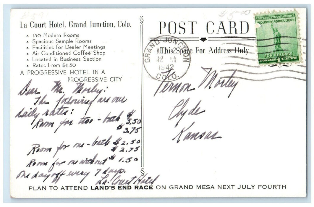 1942 La Court Hotel Scene Street Cars Grand Junction Colorado CO Posted Postcard