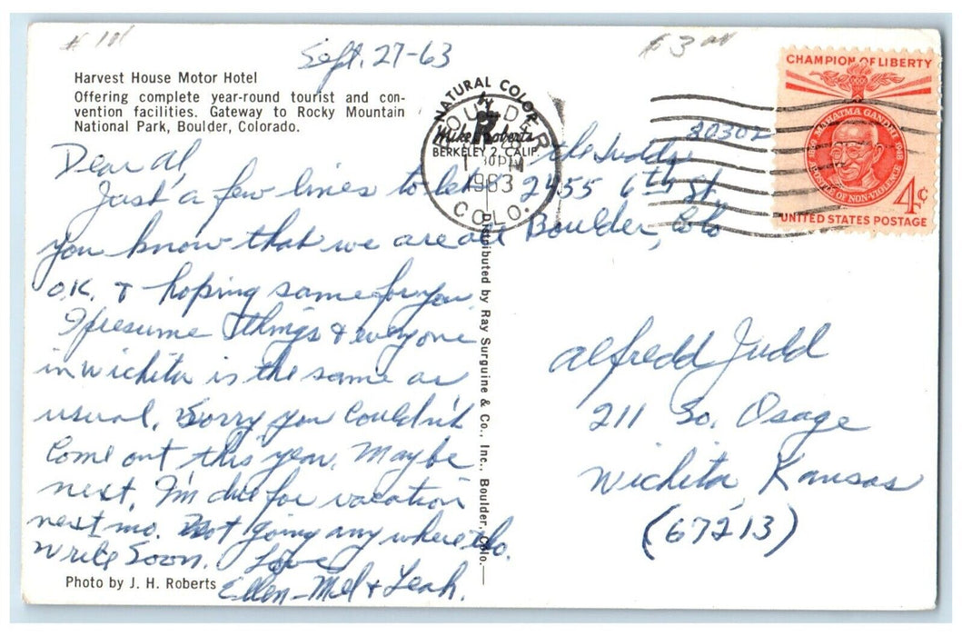 1963 Harvest House Motor Hotel Pool National Park Boulder Colorado CO Postcard