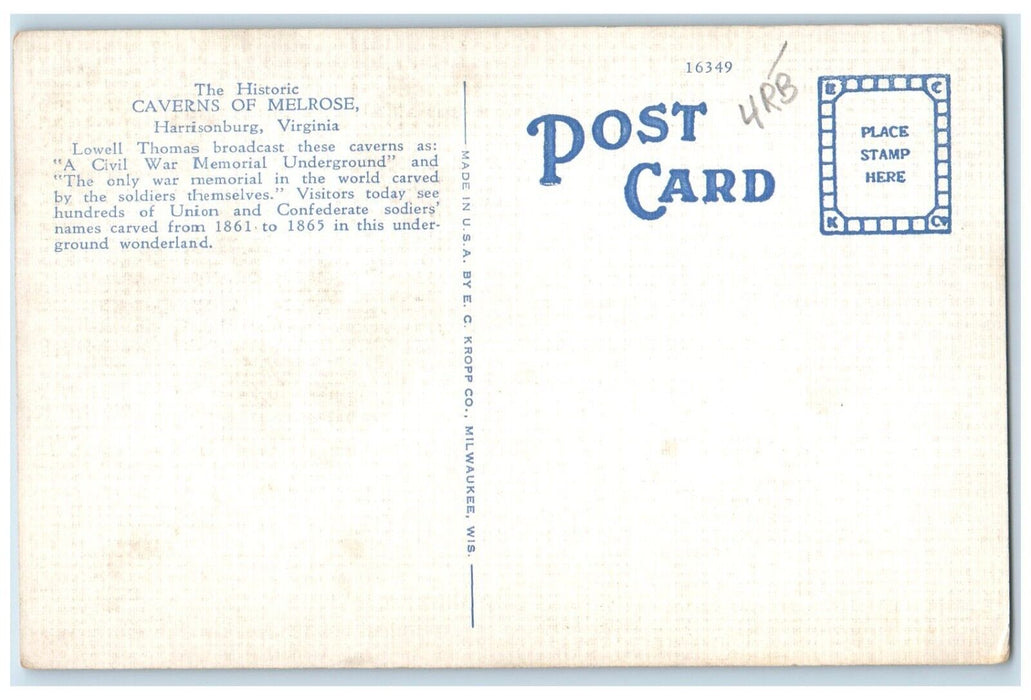 c1940 Union Confederate Soldiers Name Caverns Melrose Harrisonburg VA Postcard