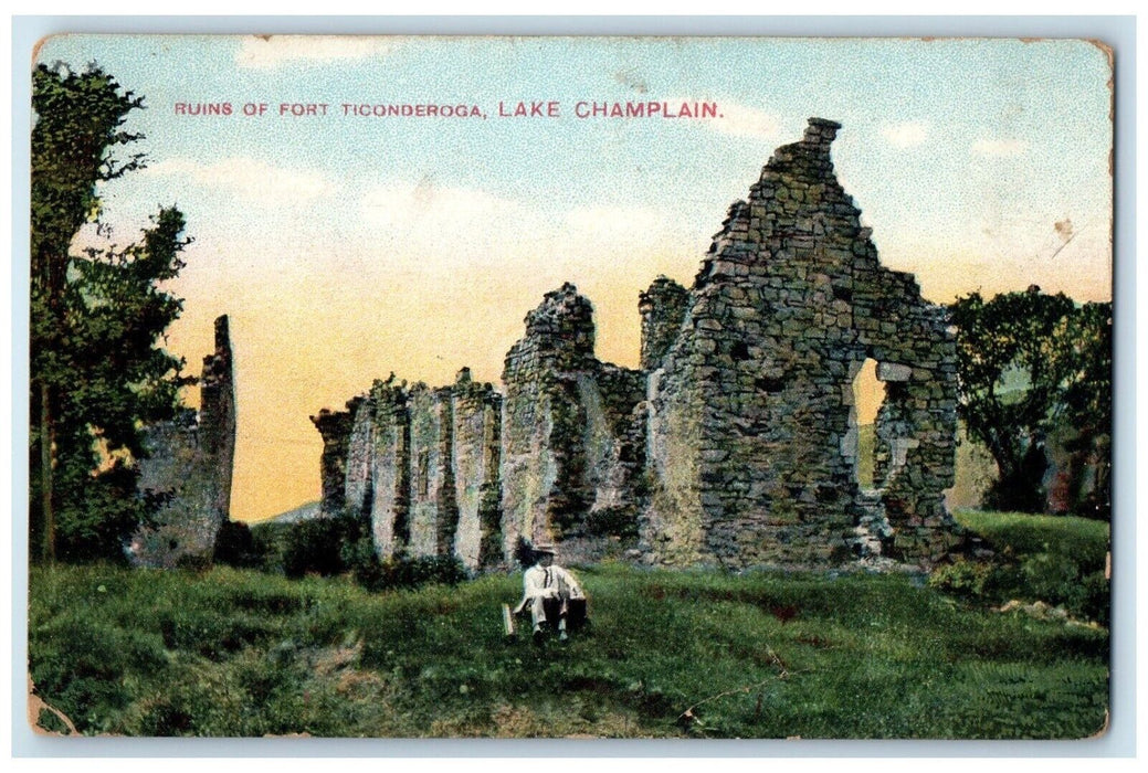 c1910 Ruins Fort Ticonderoga Exterior Field Lake Champlain New York NY Postcard