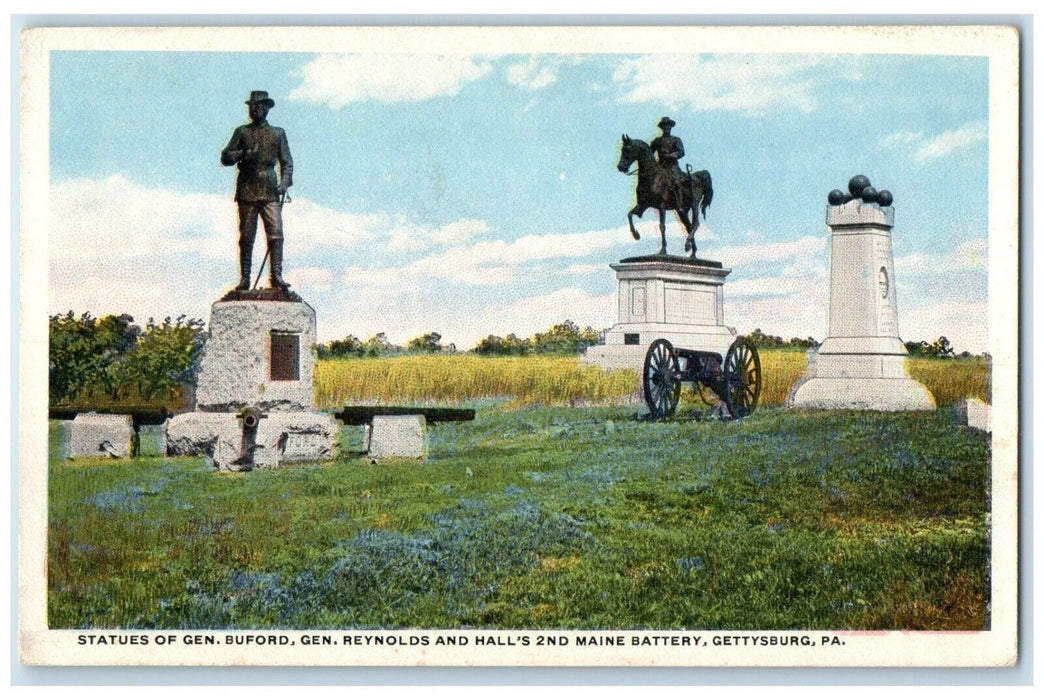 c1920 Statues Gen Buford Gen Reynolds 2nd Maine Battery Gettysburg PA Postcard