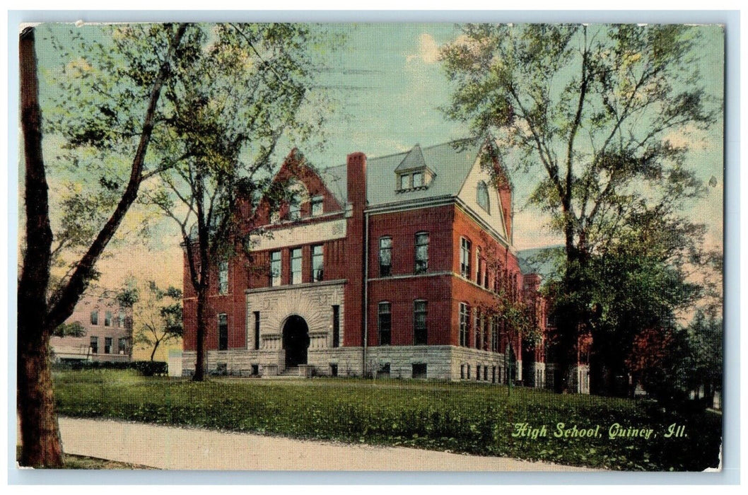 1913 Exterior View High School Building Quincy Illinois Antique Vintage Postcard