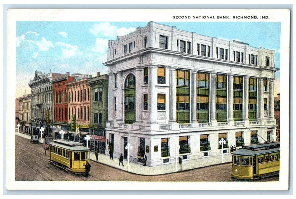 c1920 Exterior View Second National Bank Streetcars Richmond Indiana IN Postcard