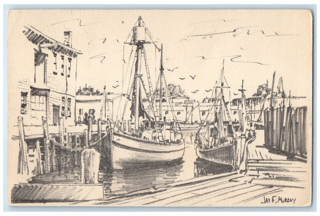 1940 Sail Boat Dock Murray Gloucester Massachusetts Art Antique Vintage Postcard