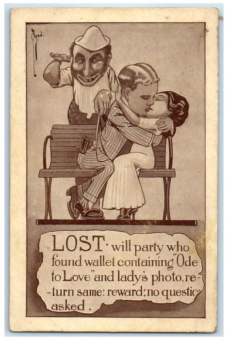 1916 Couple Romance Kissing Jewish Burglar Criminal Yale IL Antique Postcard