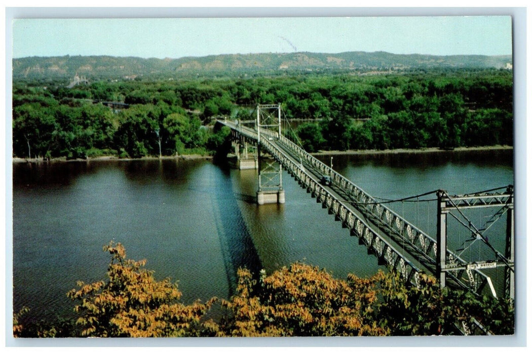 c1960 Suspension Bridge Mississippi River Marquette Prairie Du Chien WI Postcard
