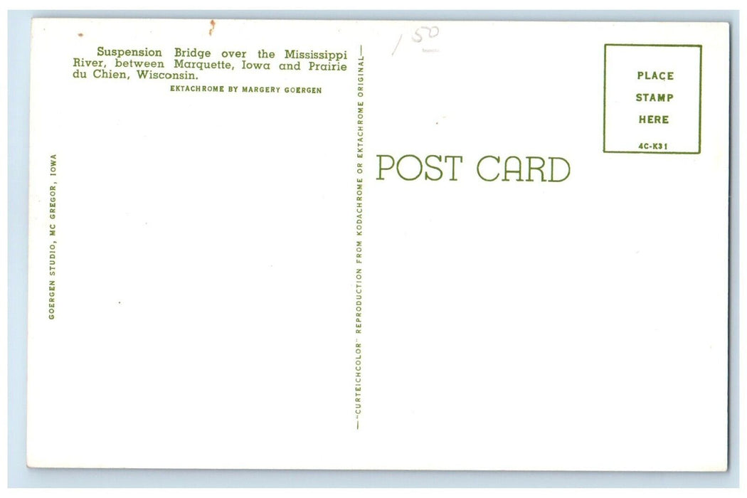 c1960 Suspension Bridge Mississippi River Marquette Prairie Du Chien WI Postcard