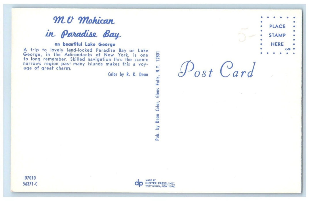 1960 MV Mohican Paradise Bay Lake George Adirondacks Mountains New York Postcard