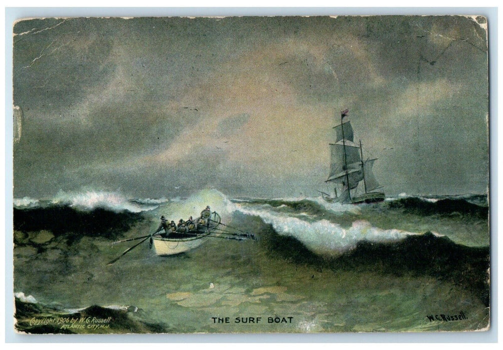 1907 Waves Sail Boat Surf Boat Russell Atlantic City New Jersey Vintage Postcard