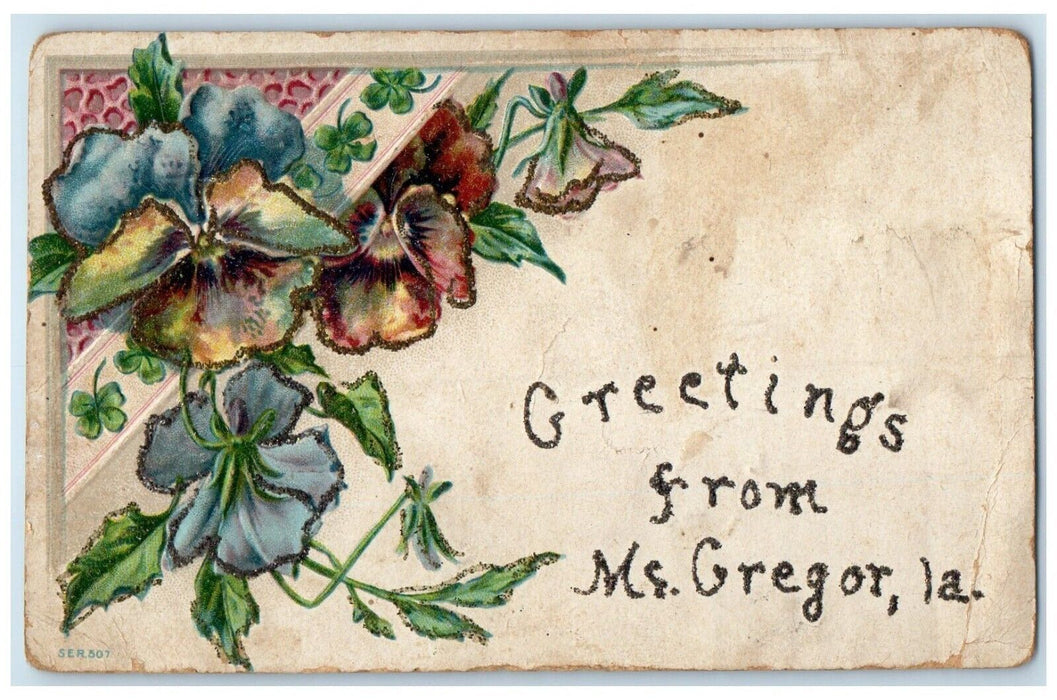 c1910 Greetings From McGregor Iowa IA Embossed Flower Vintage Antique Postcard