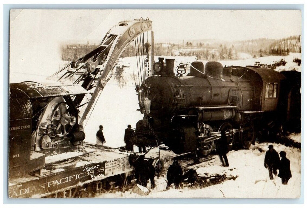 c1910 Canadian Railroad CPR Wreck Train Crane Locomotive RPPC Photo Postcard