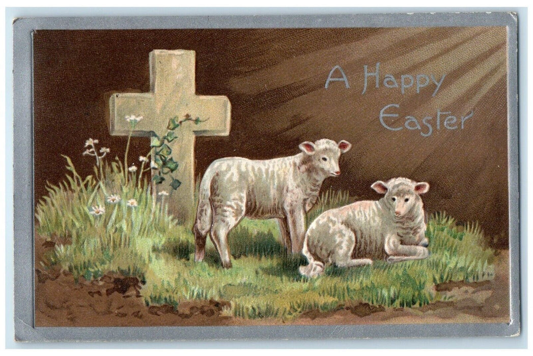 1910 Easter Holy Cross Lamb Embossed Waverly Massachusetts MA Antique Postcard