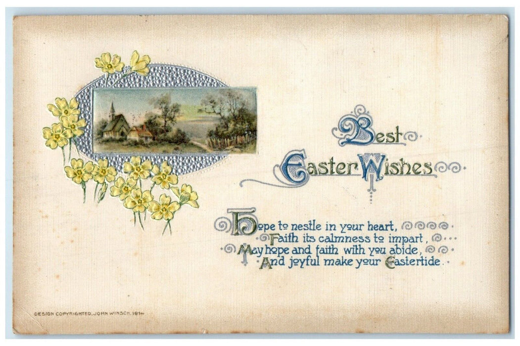 c1910's Easter Wishes House Church Flowers John Winsch Artist Signed Postcard