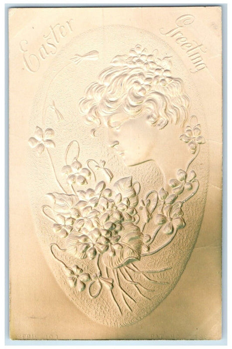 Easter Greeting Egg Woman Flowers Airbrushed Embossed Parks Creek NS Postcard
