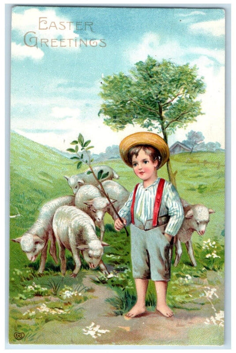 1909 Easter Greetings Boy Lamp Embossed Cambridge Massachusetts MA Postcard