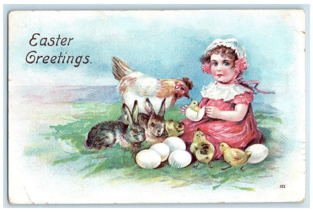 1909 Easter Greeting Little Girl Chicken Rabbit Hatched Egg Chicks Postcard