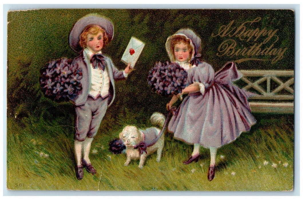 c1910s Birthday Children With Flowers Dog Gifts Embossed Posted Antique Postcard