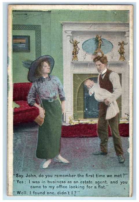 c1910's Couple Fighting Baby Fireplace Bamforth Unposted Antique Postcard