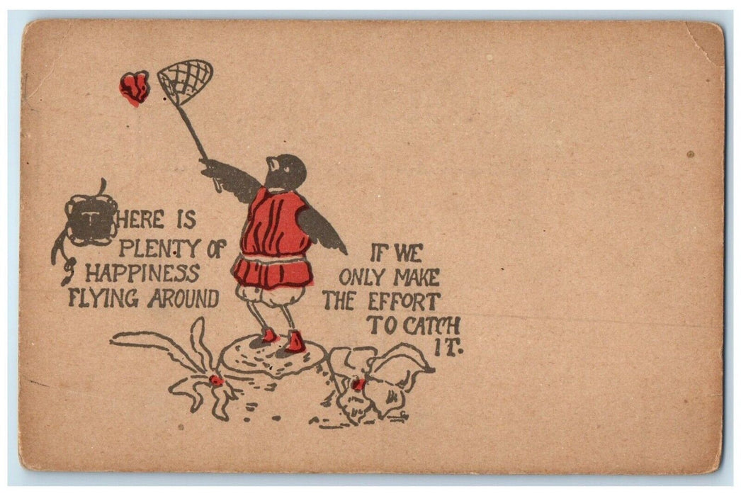 Valentine Anthropomorphic Bird Caching Butterfly Unposted Antique Postcard