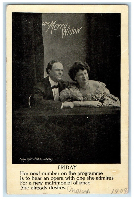 1909 Merry Widow Couple Romance Friday Mt. Pleasant Iowa IA Antique Postcard