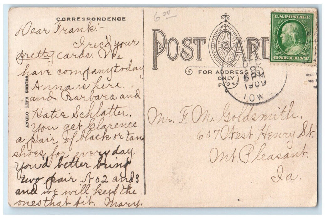 1909 Merry Widow Couple Romance Friday Mt. Pleasant Iowa IA Antique Postcard