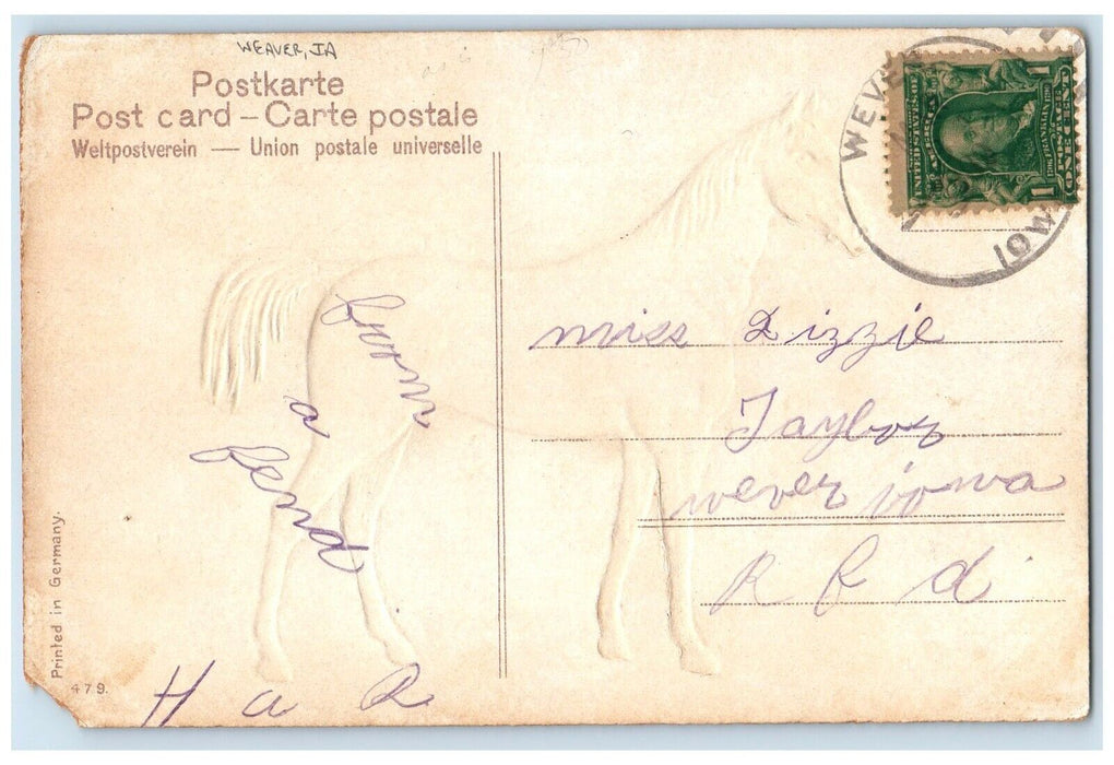 c1910's Valentine Horse Hearts And Flowers In Basket Weaver Iowa IA Postcard