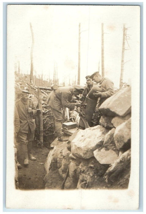 c1914-1918 WWI German Soldiers Trench Mortar Scene Germany RPPC Photo Postcard