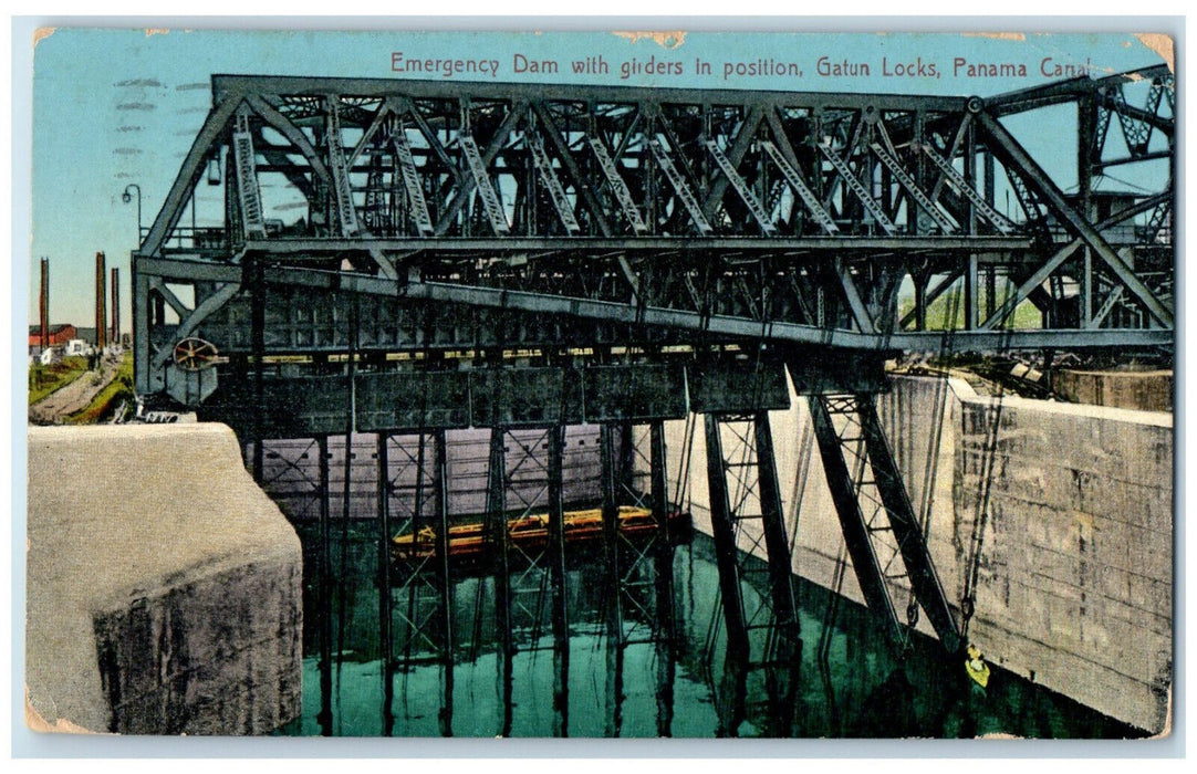1918 Emergency Dam withg Gliders in Position Gatun Locks Panama Canal Postcard