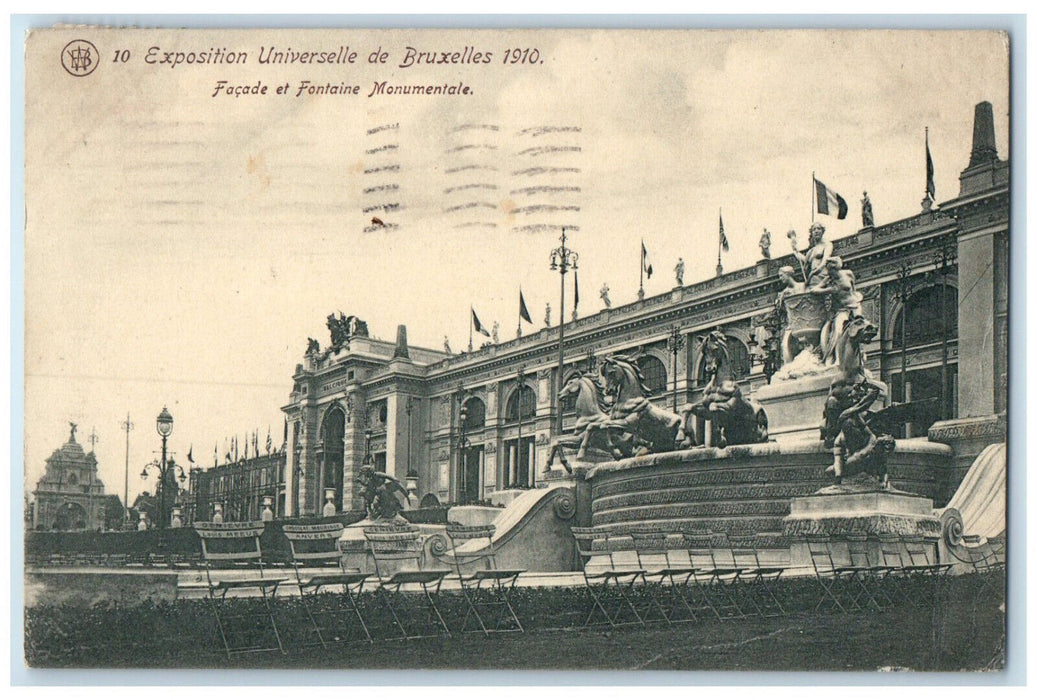 1910 Facade And Monumental Fountain Exposition Brussels Belgium Postcard