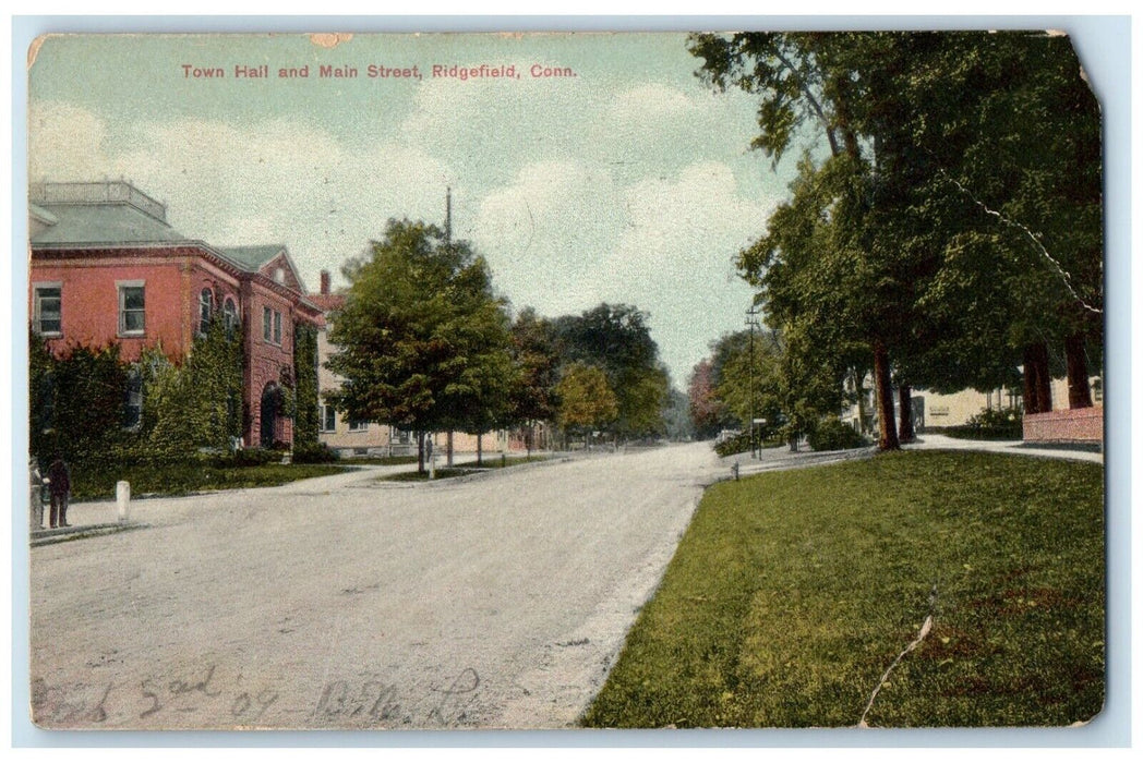 1909 Town Hall And Main Street Ridgefield Connecticut CT Posted Antique Postcard