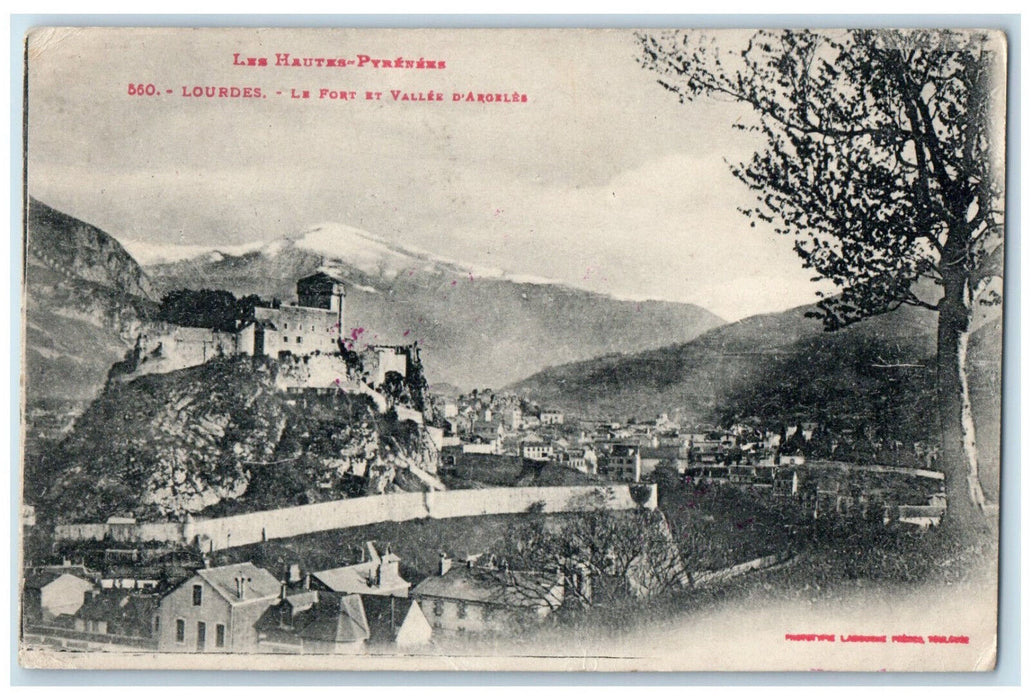 c1910 Lourdes The Fort and the Valley of Argeles France Base Censor WW1 Postcard