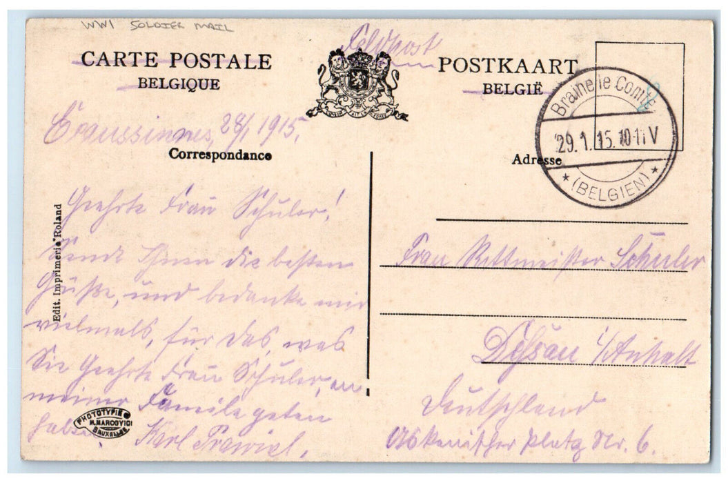 1915 Ecaussines Chateau De La Folie Belgium WW1 Soldier Mail Postcard