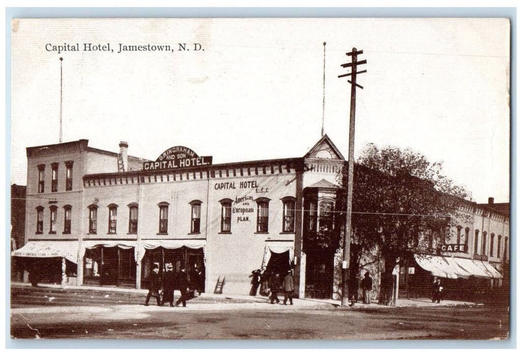 1911 Capital Hotel Building Scene Street Jamestown North Dakota ND Postcard