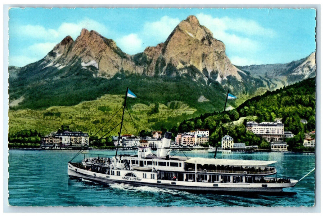 1963 Fountain on Lake Lucerne and the Myths Switzerland Vintage Postcard