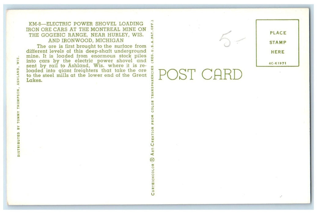 1960 Electric Power Shovel Loading Iron Ore Cars Montreal Mine Michigan Postcard